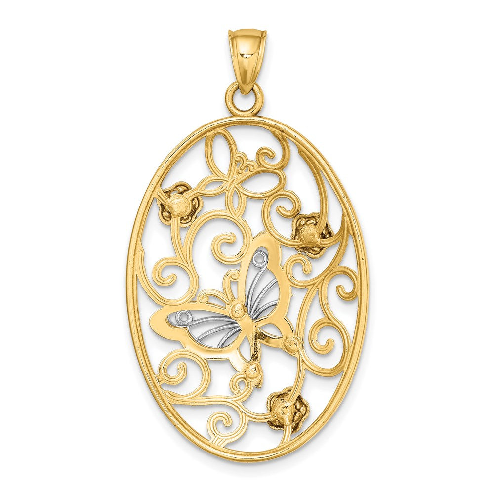 14K Bicolor-Gold Charm mit Rhodium-Beschichtung, Schmetterling und Blumen im ovalen Rahmen
