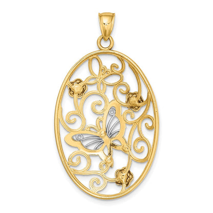 14K Bicolor-Gold Charm mit Rhodium-Beschichtung, Schmetterling und Blumen im ovalen Rahmen