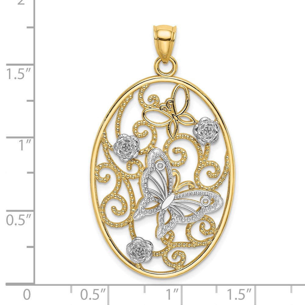 14K Bicolor-Gold Charm mit Rhodium-Beschichtung, Schmetterling und Blumen im ovalen Rahmen