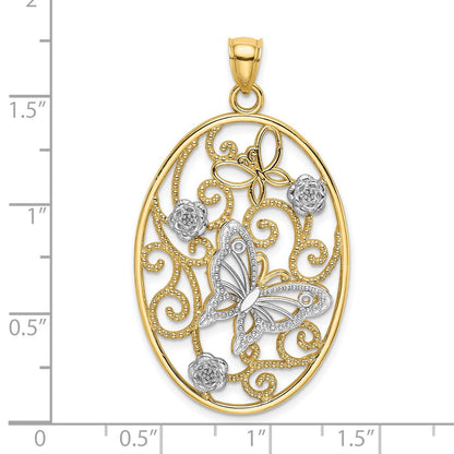 14K Bicolor-Gold Charm mit Rhodium-Beschichtung, Schmetterling und Blumen im ovalen Rahmen