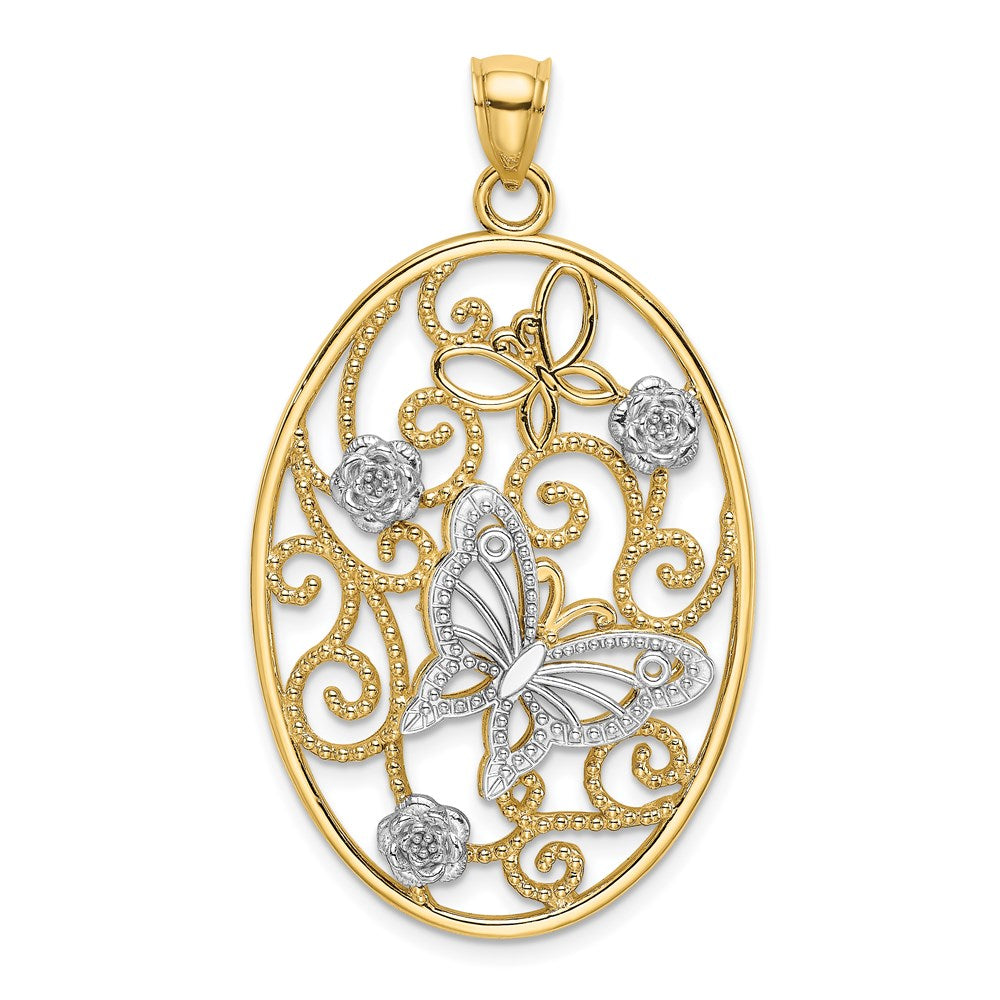 14K Bicolor-Gold Charm mit Rhodium-Beschichtung, Schmetterling und Blumen im ovalen Rahmen