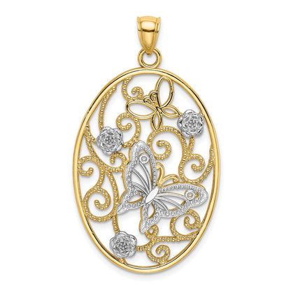 14K Bicolor-Gold Charm mit Rhodium-Beschichtung, Schmetterling und Blumen im ovalen Rahmen