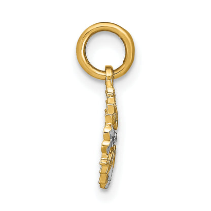 14K Gelb & Rhodium mit Rhodium Ausgeschnitten Herz Kante Blume Charm