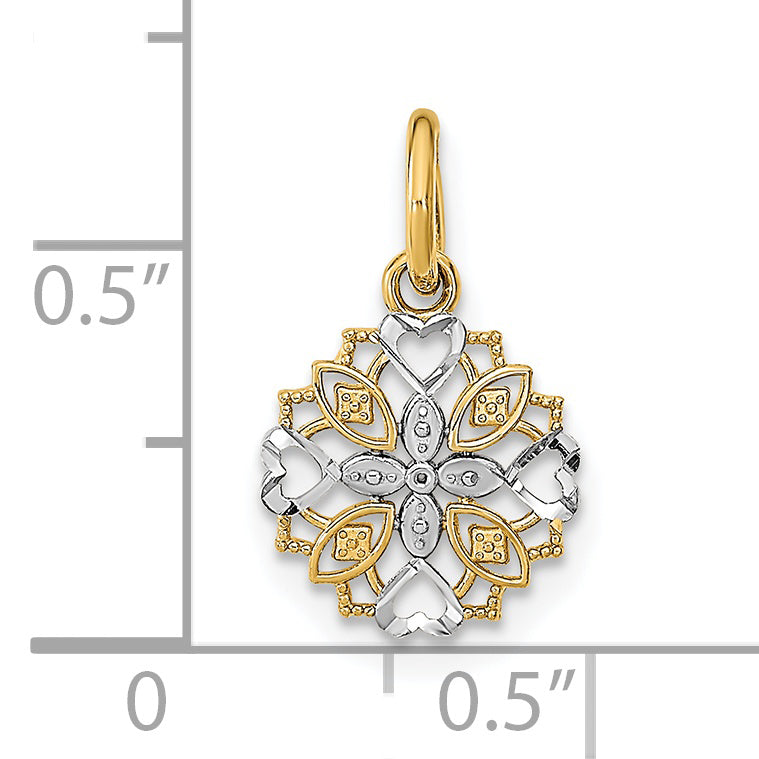 14K Gelb & Rhodium mit Rhodium Ausgeschnitten Herz Kante Blume Charm