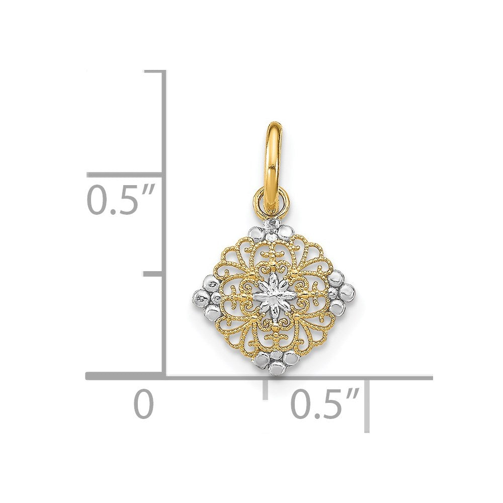 14K Gelb & Rhodium mit Rhodium Diamantiert Mini Filigran Medallion Charm