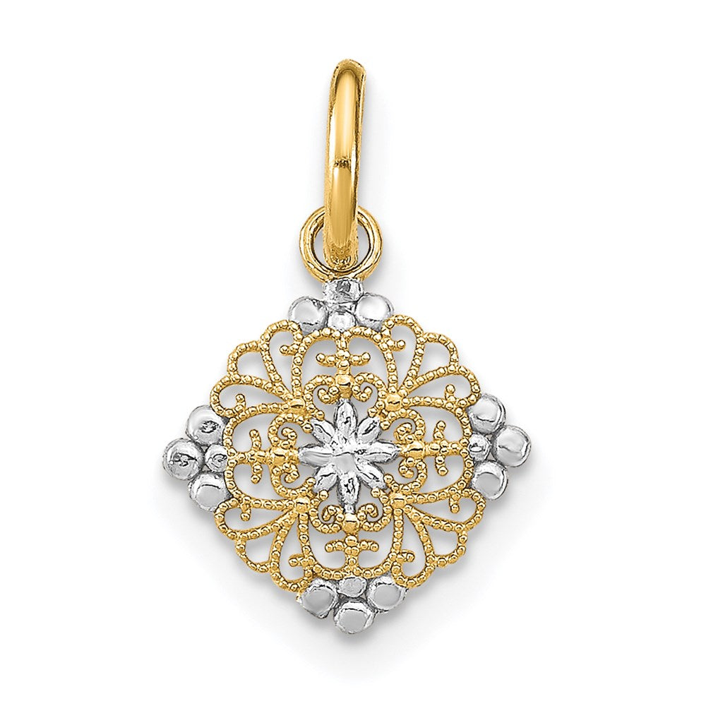 14K Gelb & Rhodium mit Rhodium Diamantiert Mini Filigran Medallion Charm