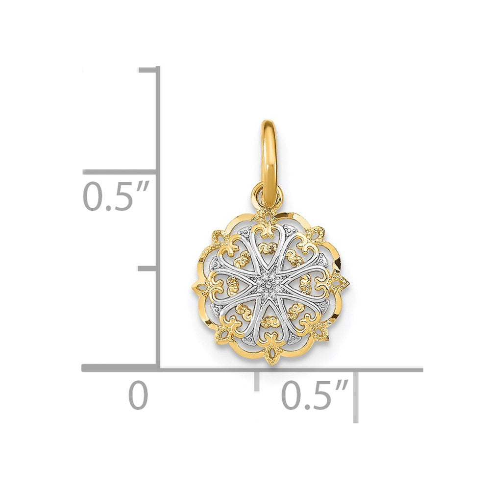 14K Gelb & Rhodium mit Rhodium Filigran Herzen Charm
