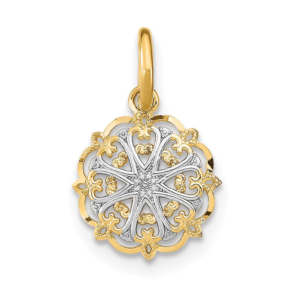 14K Gelb & Rhodium mit Rhodium Filigran Herzen Charm