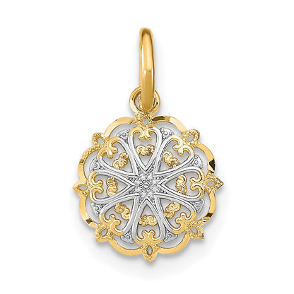 14K Gelb & Rhodium mit Rhodium Filigran Herzen Charm