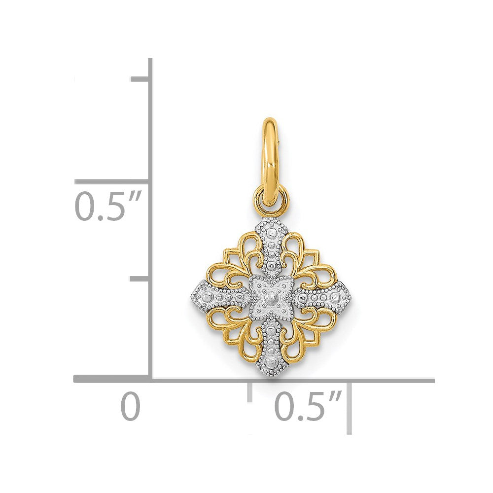 14K Gelb & Rhodium mit Rhodium Mini Kreuz Medallion Charm