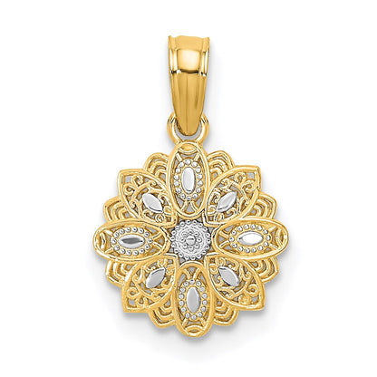 14K Gelb & Rhodium mit Rhodium und Diamantiert Mini Filigran Blume Charm