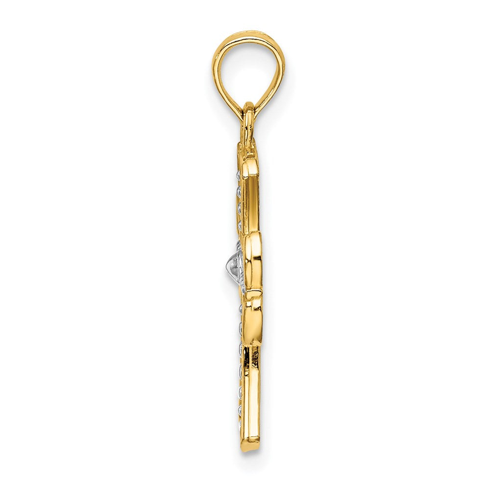 14K Gelb & Rhodium mit Strukturiert Kreuz Charm
