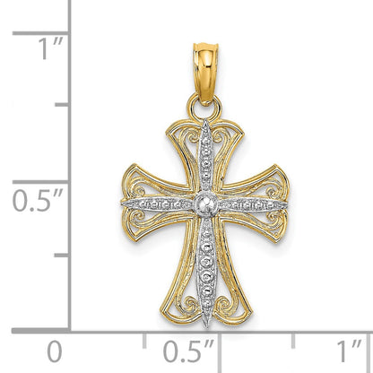 14K Gelb & Rhodium mit Strukturiert Kreuz Charm