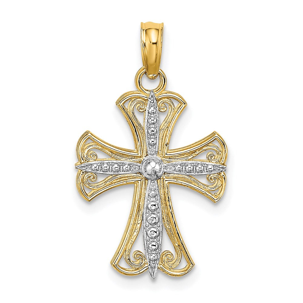 14K Gelb & Rhodium mit Strukturiert Kreuz Charm