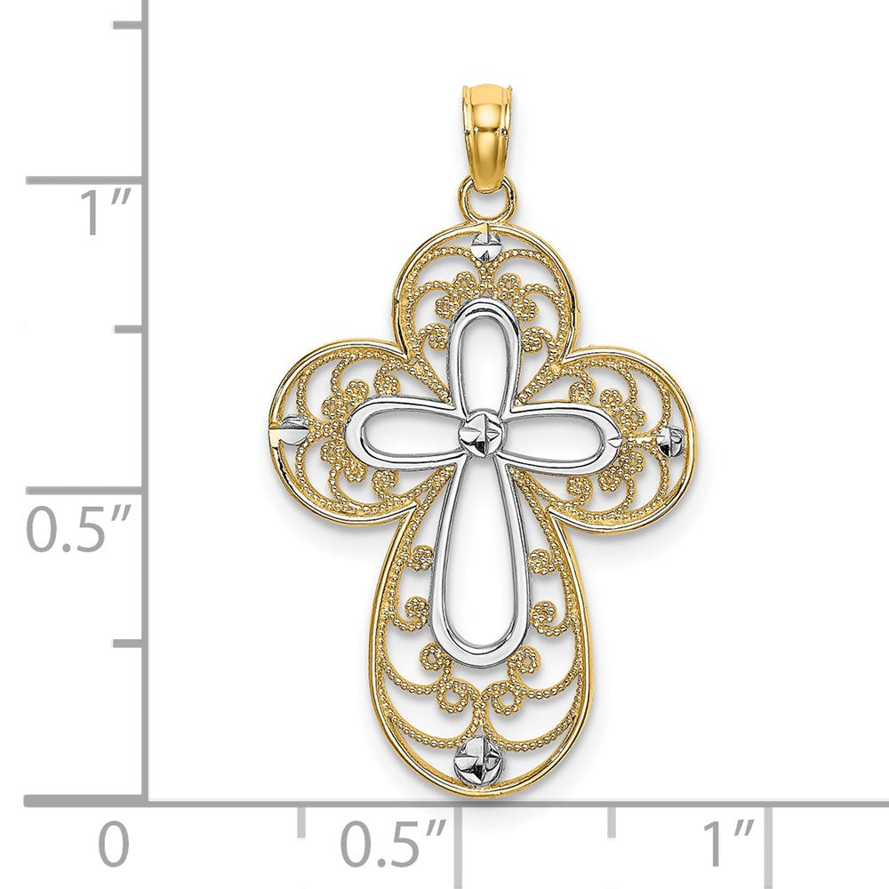 14K Gelb- und Rhodiumgold Filigran-Kreuz-Charm mit Rhodium-Diamantschliff