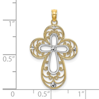 14K Gelb- und Rhodiumgold Filigran-Kreuz-Charm mit Rhodium-Diamantschliff