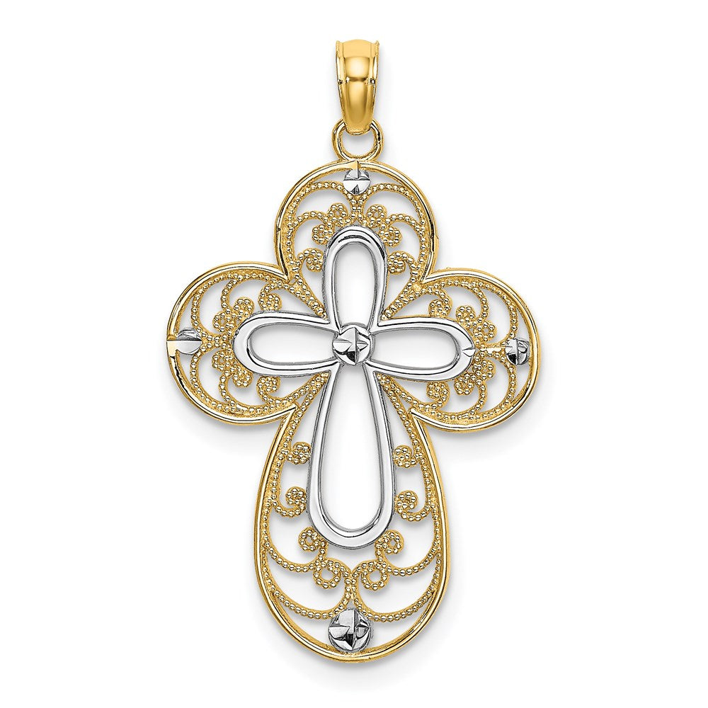 14K Gelb- und Rhodiumgold Filigran-Kreuz-Charm mit Rhodium-Diamantschliff