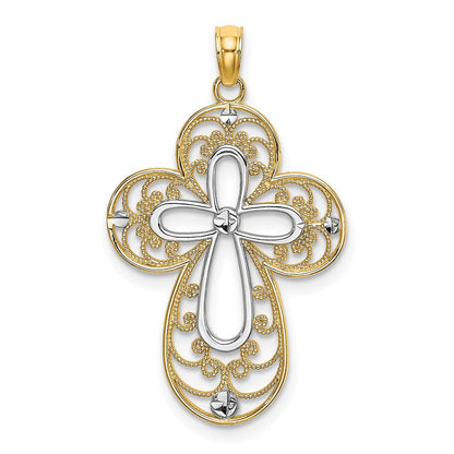 14K Gelb- und Rhodiumgold Filigran-Kreuz-Charm mit Rhodium-Diamantschliff