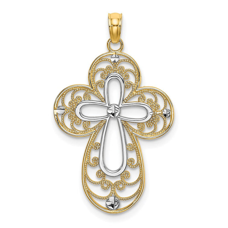 14K Gelb- und Rhodiumgold Filigran-Kreuz-Charm mit Rhodium-Diamantschliff
