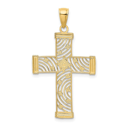 14K Gelb & Rhodium mit Diamantiert und Ausgeschnitten Kreuz Charm