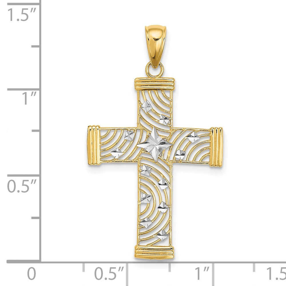 14K Gelb & Rhodium mit Diamantiert und Ausgeschnitten Kreuz Charm