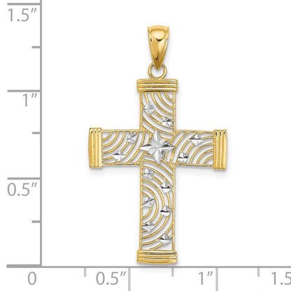 14K Gelb & Rhodium mit Diamantiert und Ausgeschnitten Kreuz Charm