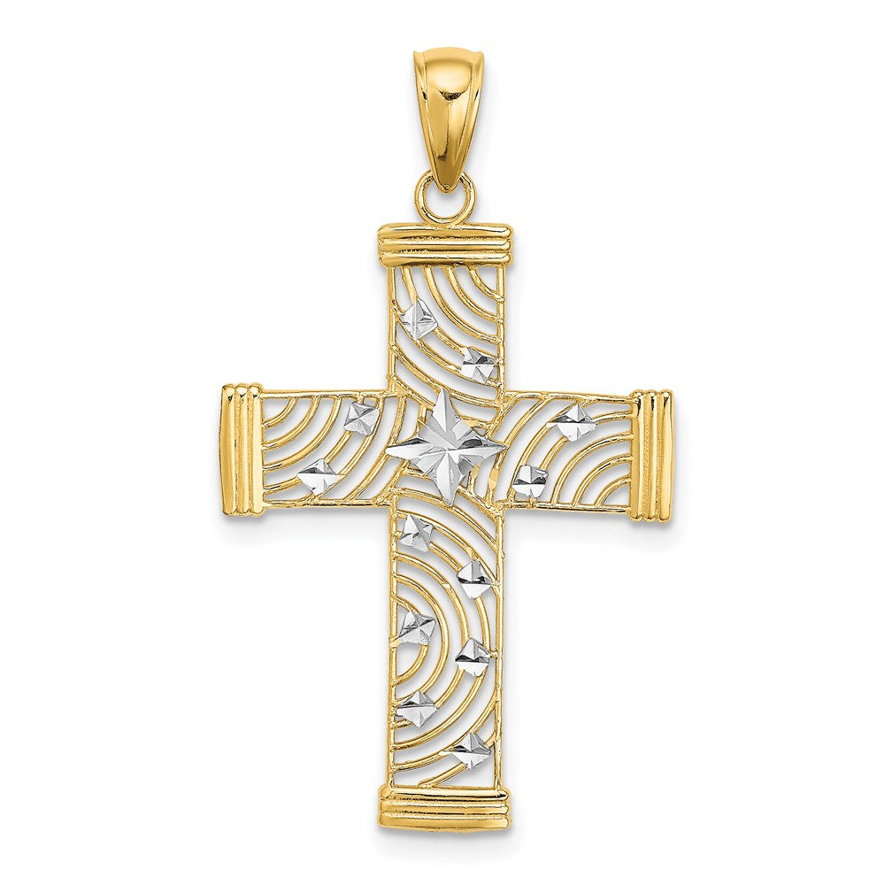 14K Gelb & Rhodium mit Diamantiert und Ausgeschnitten Kreuz Charm