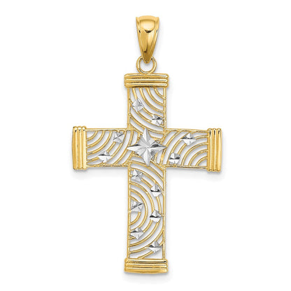 14K Gelb & Rhodium mit Diamantiert und Ausgeschnitten Kreuz Charm