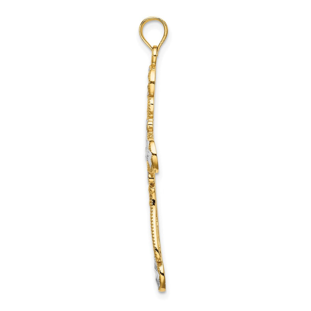 14 Karat Gelbgold mit Rhodium, W/Rhodium diamantiertes Kreise-Kreuz-Charm