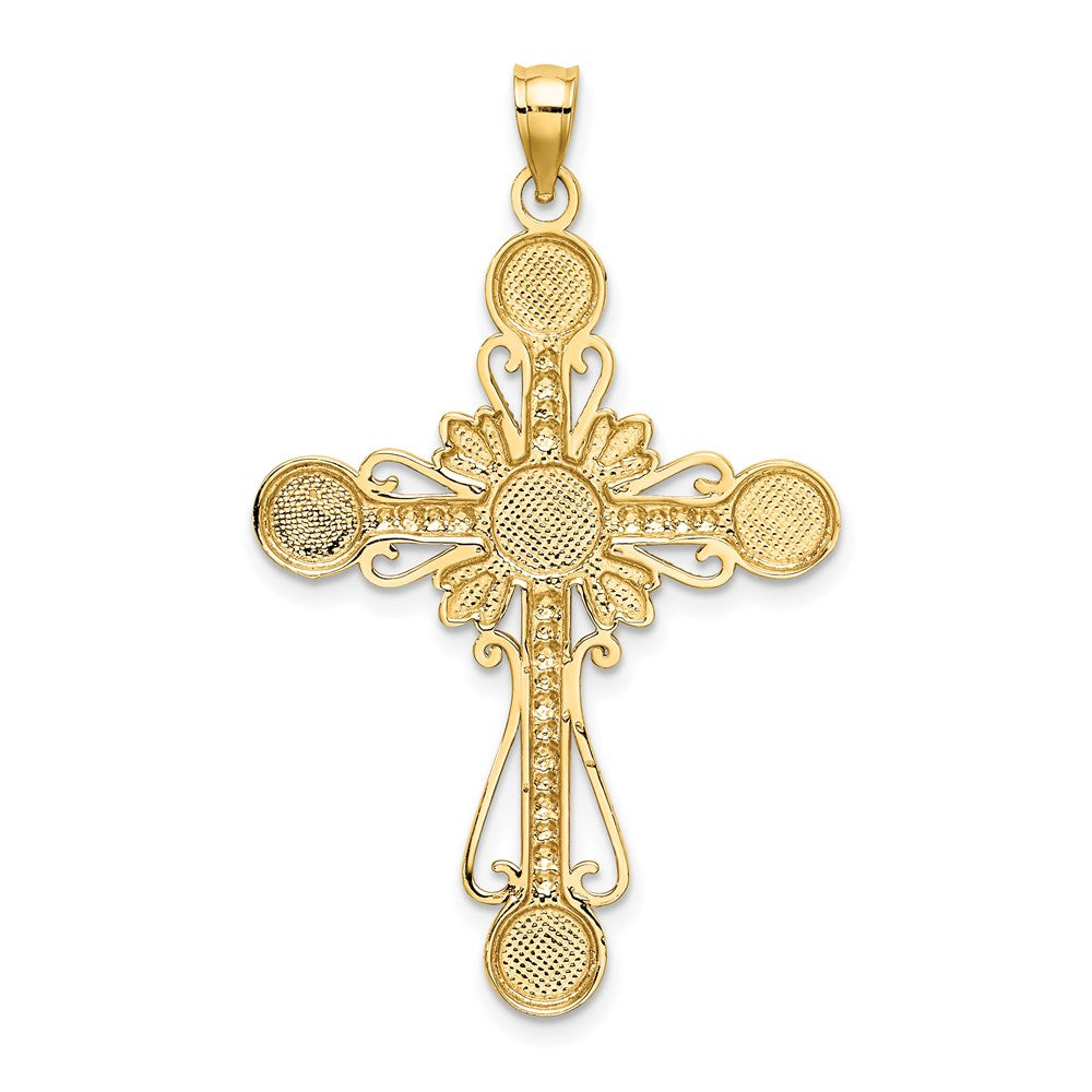 14 Karat Gelbgold mit Rhodium, W/Rhodium diamantiertes Kreise-Kreuz-Charm