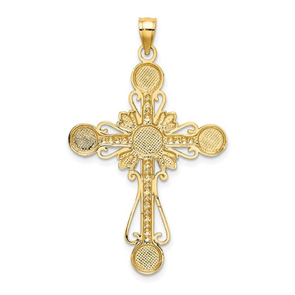 14 Karat Gelbgold mit Rhodium, W/Rhodium diamantiertes Kreise-Kreuz-Charm