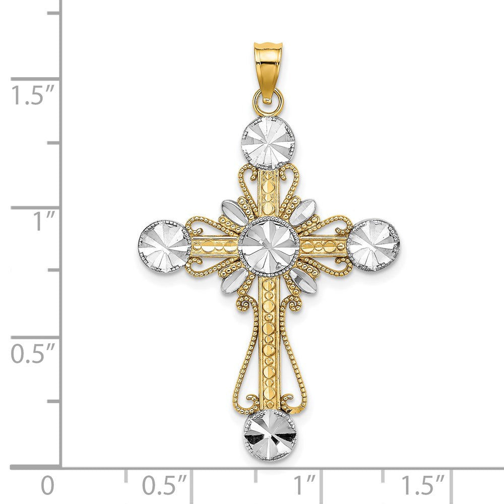 14 Karat Gelbgold mit Rhodium, W/Rhodium diamantiertes Kreise-Kreuz-Charm