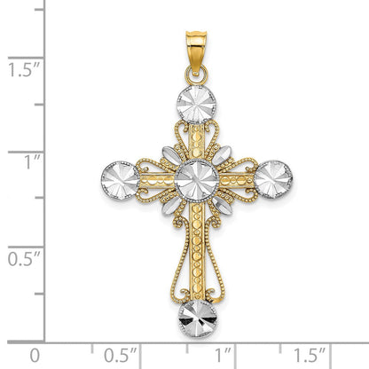 14 Karat Gelbgold mit Rhodium, W/Rhodium diamantiertes Kreise-Kreuz-Charm
