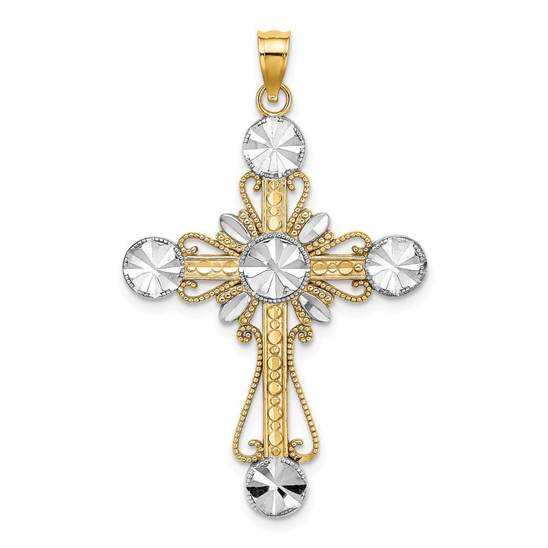 14 Karat Gelbgold mit Rhodium, W/Rhodium diamantiertes Kreise-Kreuz-Charm