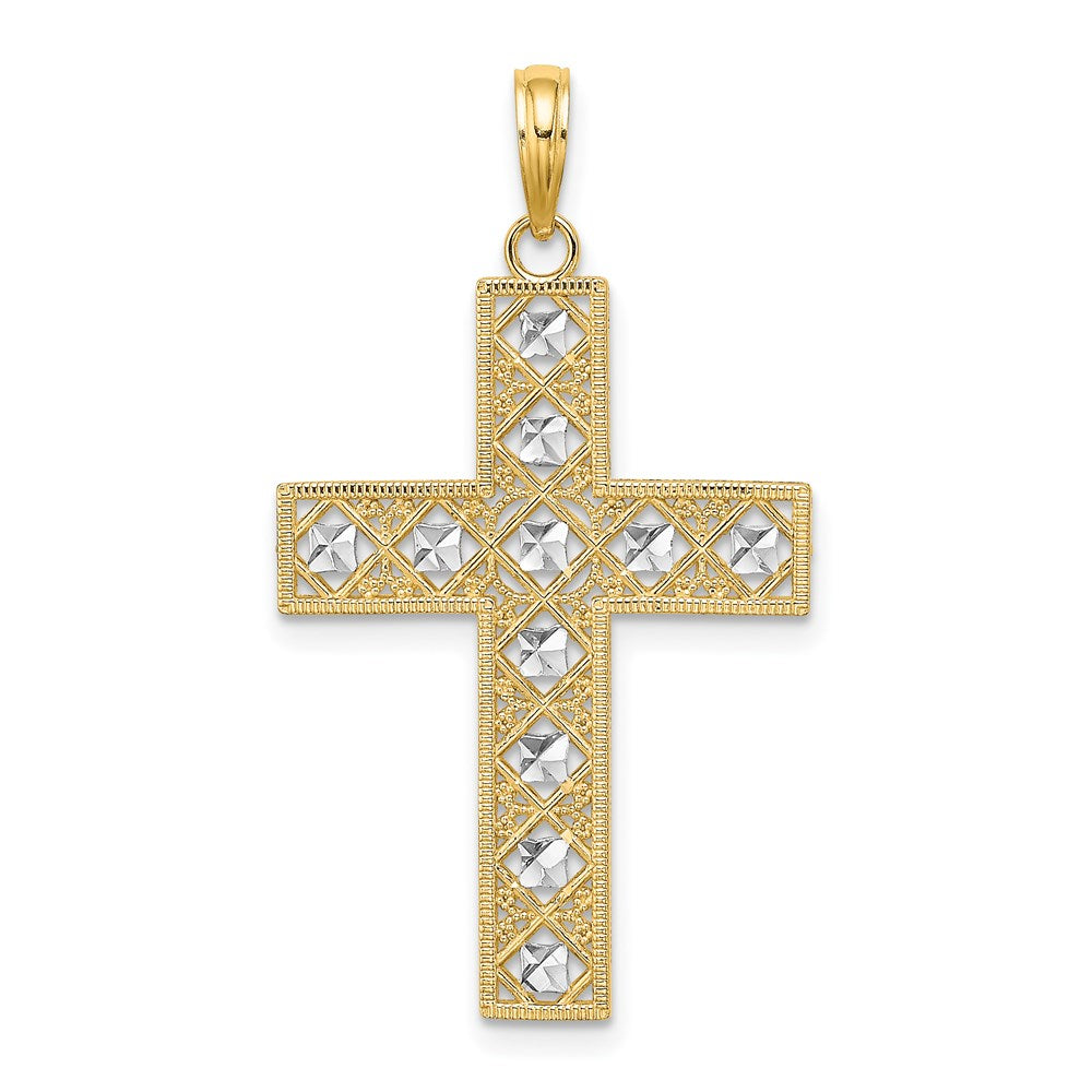 14K Gelbgold & Rhodium-Gold mit Rhodium, Diamantschliff und Kreuz-Ausschnitt-Charm