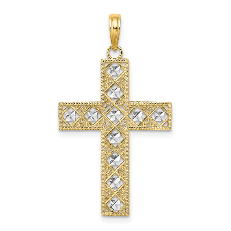 14K Gelbgold & Rhodium-Gold mit Rhodium, Diamantschliff und Kreuz-Ausschnitt-Charm