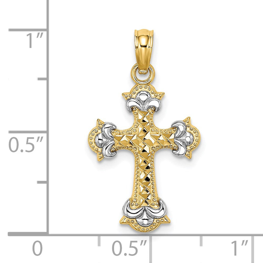 14K Gelb & Rhodium mit und Diamantiert Fleur-de-lis Kreuz Charm