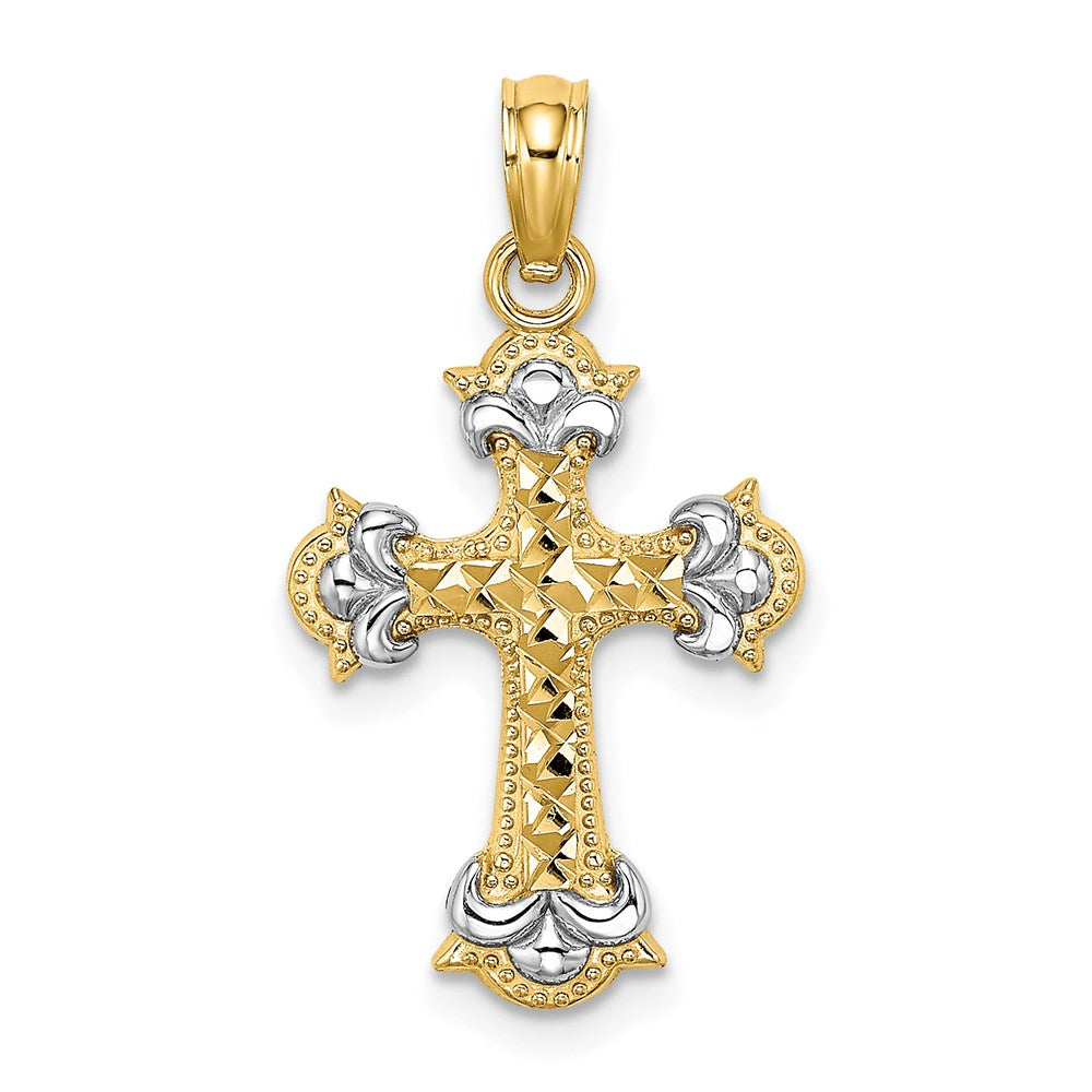 14K Gelb & Rhodium mit und Diamantiert Fleur-de-lis Kreuz Charm