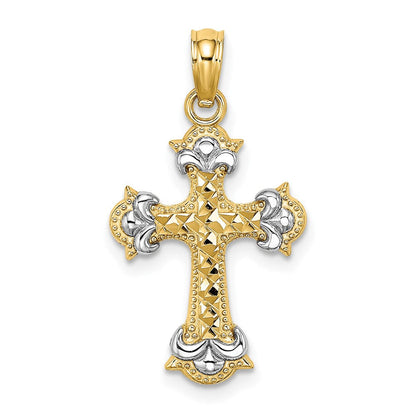 14K Gelb & Rhodium mit und Diamantiert Fleur-de-lis Kreuz Charm