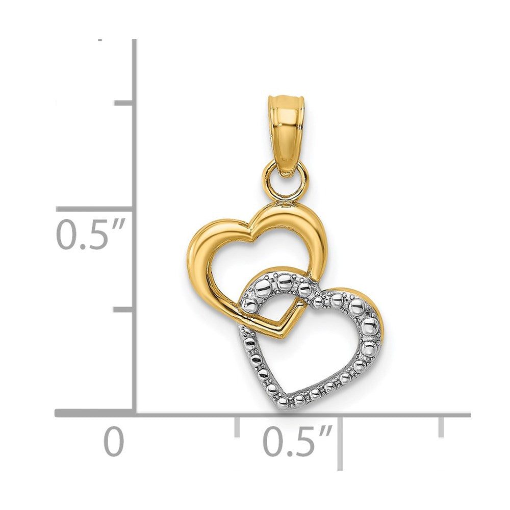 14K Gelb & Rhodium mit Poliert und Strukturiert Intertwined Herzen Charm