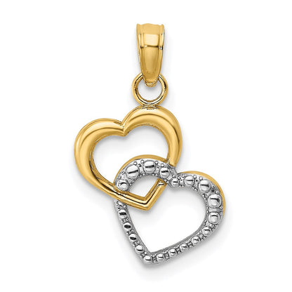 14K Gelb & Rhodium mit Poliert und Strukturiert Intertwined Herzen Charm