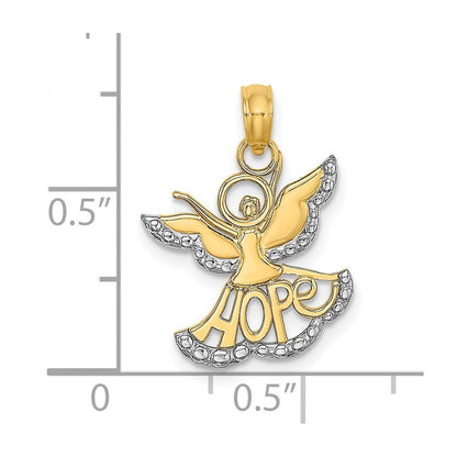 14K Gelb & Rhodium mit Rhodium Poliert/textured Ausgeschnitten Hoffnung Engel Charm