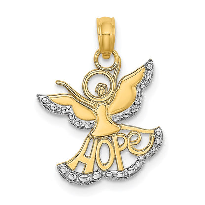 14K Gelb & Rhodium mit Rhodium Poliert/textured Ausgeschnitten Hoffnung Engel Charm