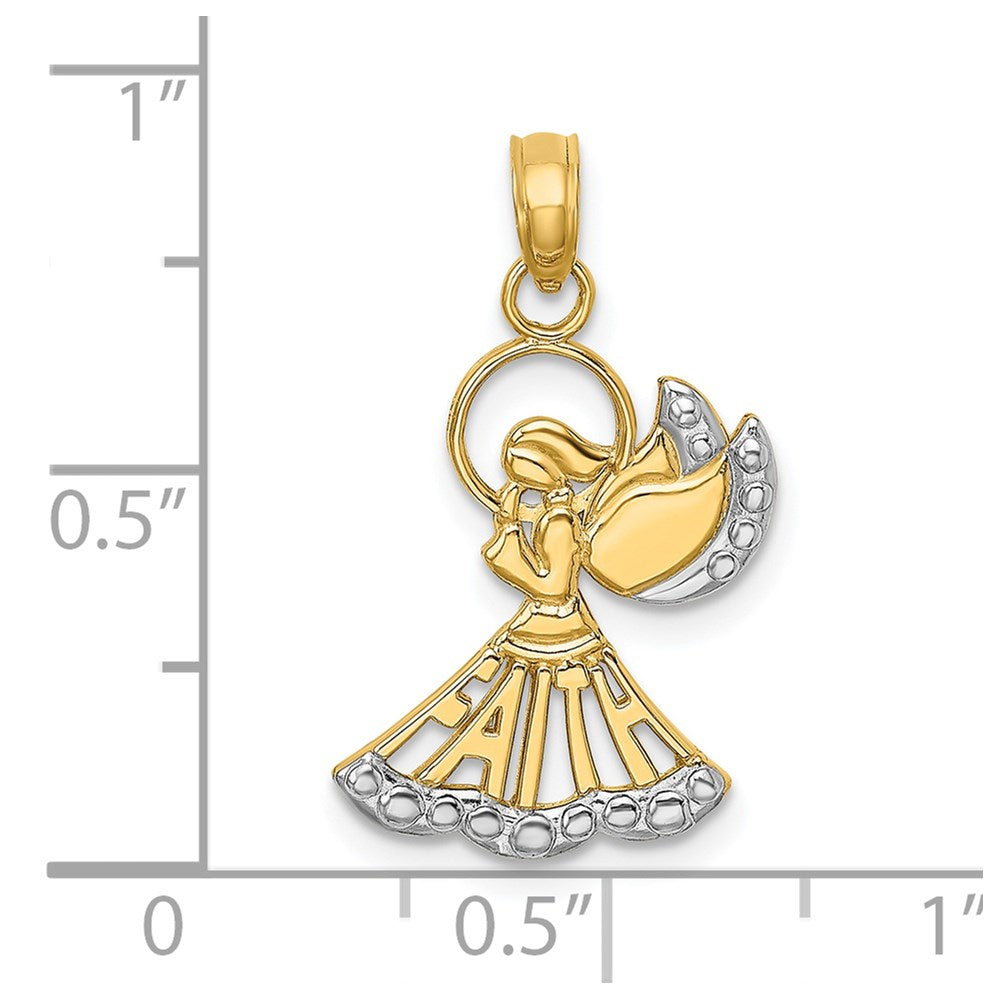 14K Gelb & Rhodium mit Rhodium Poliert und Strukturiert Engel mit Glaube Charm
