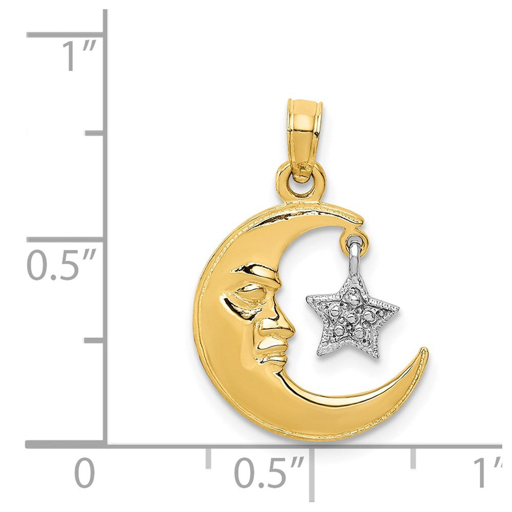 14K Bicolor Poliert Halb Mond und Stern Anhänger