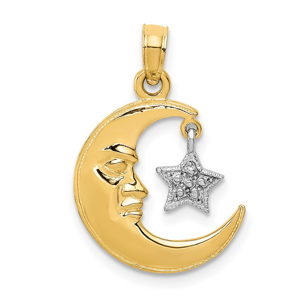 14K Bicolor Poliert Halb Mond und Stern Anhänger