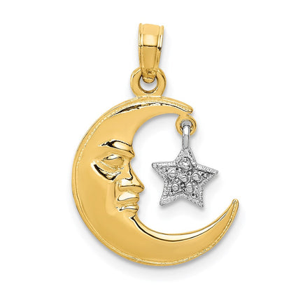 14K Bicolor Poliert Halb Mond und Stern Anhänger