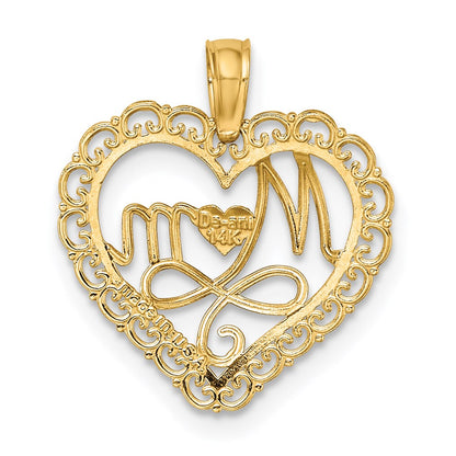 14K Gelb & Rhodium mit Rhodium Ausgeschnitten Mama in Muschel Herz Charm