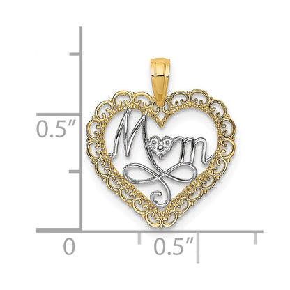 14K Gelb & Rhodium mit Rhodium Ausgeschnitten Mama in Muschel Herz Charm