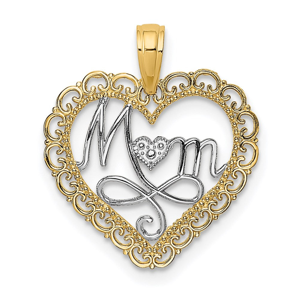14K Gelb & Rhodium mit Rhodium Ausgeschnitten Mama in Muschel Herz Charm